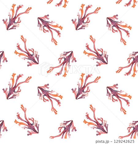 Fantasy marine seamless pattern of seaweeds in monochrome vibrant pink colors isolated. Watercolor underwater plants and coral hand drawn for textiles, nautical packaging, swimwear prints. Fantasy marine seamless pattern of seaweeds in monochrome vibrant pink colors isolated. Watercolor underwater plants and coral hand drawn for textiles, nautical packaging, swimwear prints. 129242625