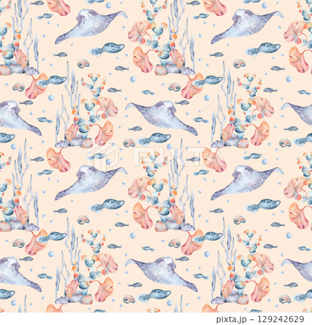 Colorful tropical sea watercolor seamless pattern with seaweeds, fishes and stingray isolated on beige. Underwater life and flora hand painted repeated texture for design fabric prints, textile. Colorful tropical sea watercolor seamless pattern with seaweeds, fishes and stingray isolated on beige. Underwater life and flora hand painted repeated texture for design fabric prints, textile. 129242629
