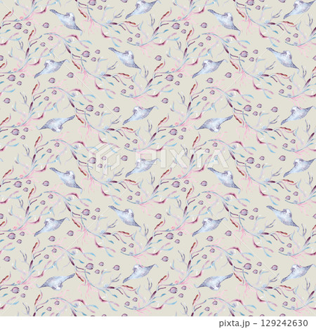 Pastel marine seamless background with hand painted watercolor corals, stingrays, and tropical fishes isolated. Elegant ocean pattern for textile prints, gift wrapping, and summer stationery. Pastel marine seamless background with hand painted watercolor corals, stingrays, and tropical fishes isolated. Elegant ocean pattern for textile prints, gift wrapping, and summer stationery. 129242630