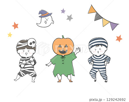 ハロウィンの仮装をする子どもセット 129242692