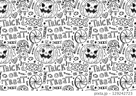 Seamless pattern with a creepy child, evil pumpkins, and candies, background for Halloween celebrations. The concept of the holiday is candy or life. Hand-drawn illustrations in a scribble style. 129242723