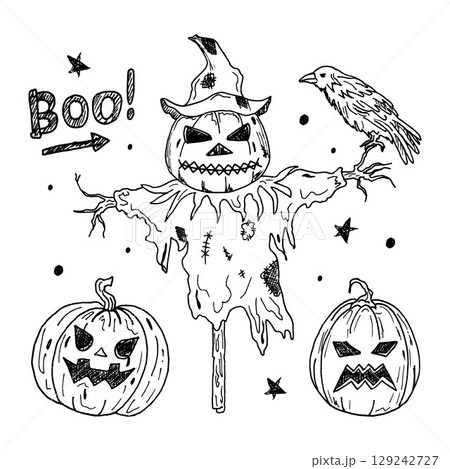 Scarecrow, crow, and pumpkins, a spooky set of elements for Halloween design. Doodle-style design elements, vector illustrations with black outlines for prints, postcards, sublimation, and stickers. Scarecrow, crow, and pumpkins, a spooky set of elements for Halloween design. Doodle-style design elements, vector illustrations with black outlines for prints, postcards, sublimation, and stickers. 129242727