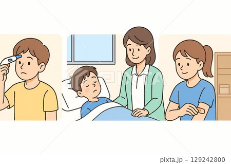 学校の保健室でよくある3つのシーン（イラストセット） 129242800