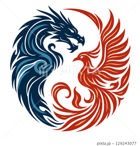 Logo Blue Dragon and Red Phoenix Elements Concept. Vector illustration. Isolated on white background 129243077