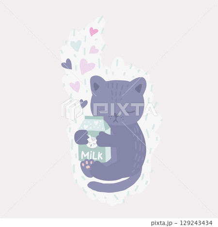 Happy sleeping pet cat is hugging a milk carton in a cartoon illustration Happy sleeping pet cat is hugging a milk carton in a cartoon illustration 129243434