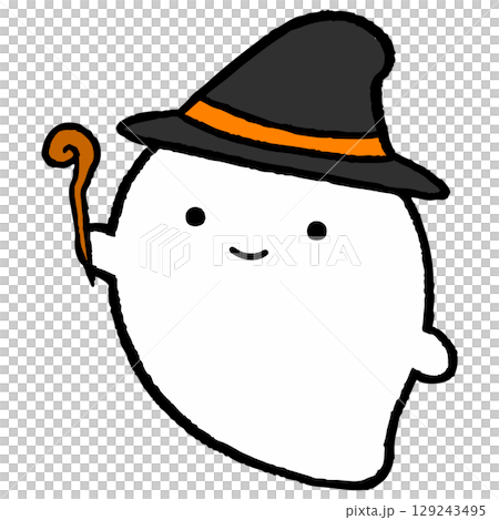 Illustration of a ghost wearing a witch's hat holding a magic wand 129243495