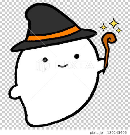 Illustration of a ghost wearing a witch's hat holding a magic wand 129243496