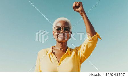 Black mature woman outdoors with raised fist of empowerment, strength and women solidarity, International Womens Day, Black History Month concept 129243567