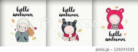 Cute autumn illustrations children in the park under a falling of leaves 129243585