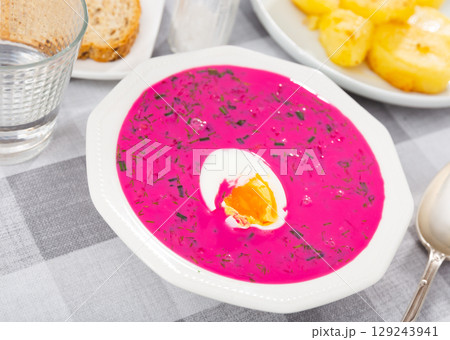 Popular dish of Belarusian cuisine is the soup Kholodnik 129243941