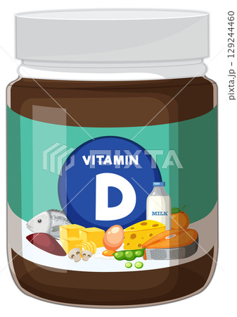 Vitamin D Supplement Jar with Food Sources Illustration Vitamin D Supplement Jar with Food Sources Illustration 129244460