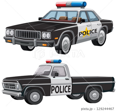 Classic Police Vehicles Vector Illustration 129244467