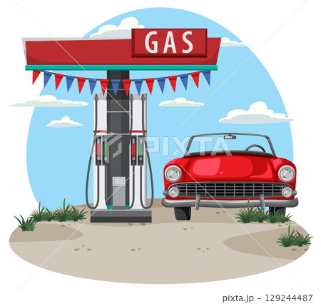 Classic Red Convertible at Vintage Gas Station 129244487