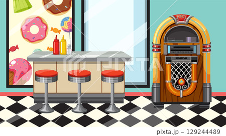 Retro Diner Scene with Jukebox and Bar Stools Retro Diner Scene with Jukebox and Bar Stools 129244489