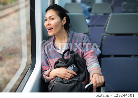 Portrait of a woman traveler with a backpack and a phone in train car Portrait of a woman traveler with a backpack and a phone in train car 129244501