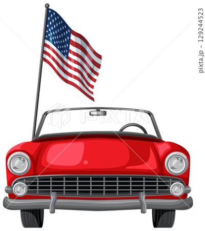 Classic Red Convertible with American Flag Classic Red Convertible with American Flag 129244523