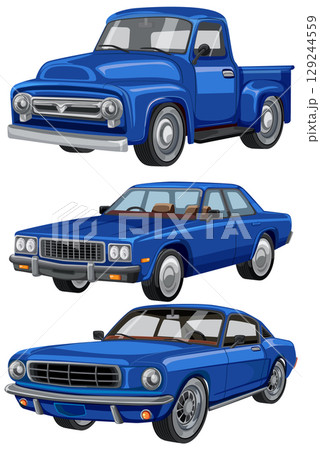 Classic Blue Cars Vector Illustration Set 129244559