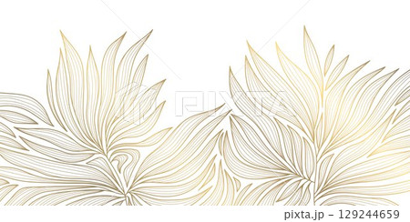 Vector line golden leaves background, floral abstract nature pattern. Elegant summer, palm foliage plant design, graphic tropical beauty ornament. 129244659