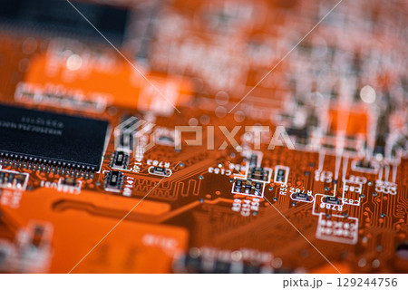 Abstract, Close up at electronic circuits, we see the technology of the mainboard, which is the important background of the computer.logic board,cpu motherboard,Main board,system board,mobo	 129244756