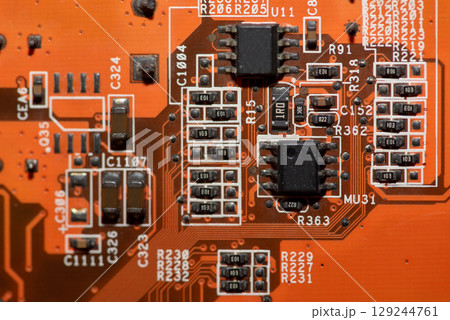 Abstract, Close up at electronic circuits, we see the technology of the mainboard, which is the important background of the computer.logic board,cpu motherboard,Main board,system board,mobo	 129244761