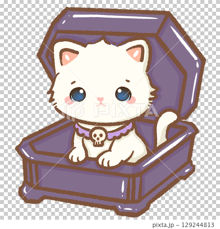 Cute white kitten sitting inside purple coffin with skull collar kawaii Halloween cat illustration adorable spooky gothic autumn magical fantasy seasonal character charming vampire style digital art 129244813