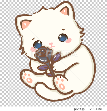 Cute white kitten holding black rose with purple leaves kawaii Halloween cat illustration adorable gothic romantic spooky autumn floral character charming fantasy style seasonal digital art Cute white kitten holding black rose with purple leaves kawaii Halloween cat illustration adorable gothic romantic spooky autumn floral character charming fantasy style seasonal digital art 129244816