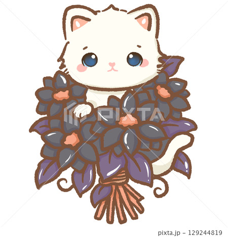 Cute white kitten holding bouquet of black and purple flowers kawaii Halloween cat illustration adorable gothic spooky floral arrangement autumn character romantic fantasy seasonal digital art 129244819