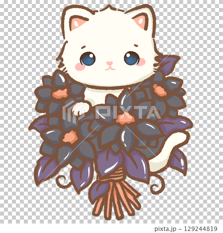 Cute white kitten holding bouquet of black and purple flowers kawaii Halloween cat illustration adorable gothic spooky floral arrangement autumn character romantic fantasy seasonal digital art 129244819