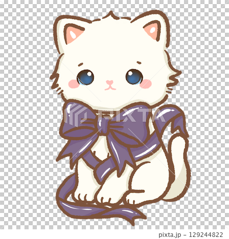 Cute white kitten with big purple bow ribbon kawaii Halloween cat illustration adorable gothic accessory spooky autumn magical fantasy seasonal character vintage style charming digital art Cute white kitten with big purple bow ribbon kawaii Halloween cat illustration adorable gothic accessory spooky autumn magical fantasy seasonal character vintage style charming digital art 129244822