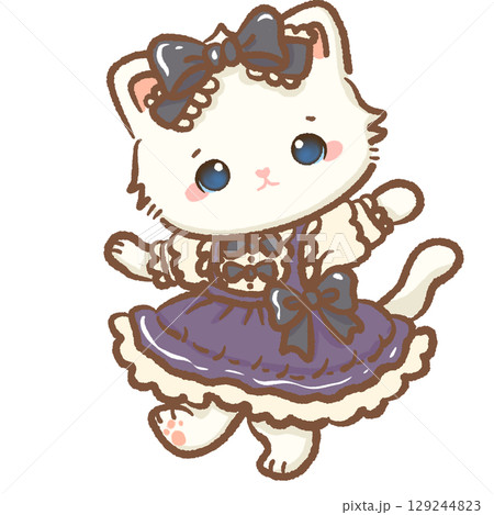 Cute white kitten wearing elegant lolita dress with bows lace and frills kawaii fashion cat illustration adorable vintage style pastel outfit sweet doll clothing coquette character digital art 129244823