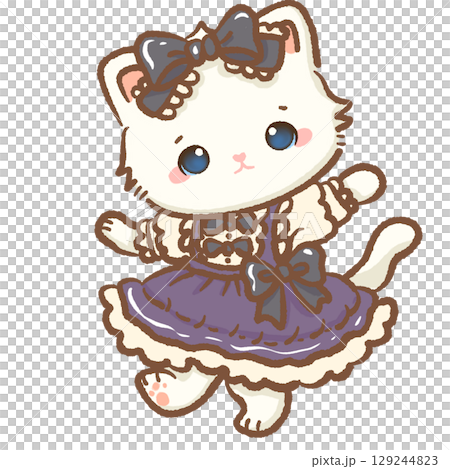 Cute white kitten wearing elegant lolita dress with bows lace and frills kawaii fashion cat illustration adorable vintage style pastel outfit sweet doll clothing coquette character digital art 129244823