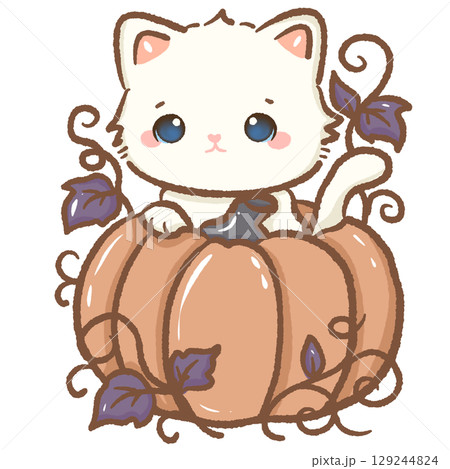 Cute white kitten inside autumn pumpkin with purple leaves and curly vines adorable fall season harvest theme kawaii cat illustration for Halloween Thanksgiving autumn decor and digital art Cute white kitten inside autumn pumpkin with purple leaves and curly vines adorable fall season harvest theme kawaii cat illustration for Halloween Thanksgiving autumn decor and digital art 129244824