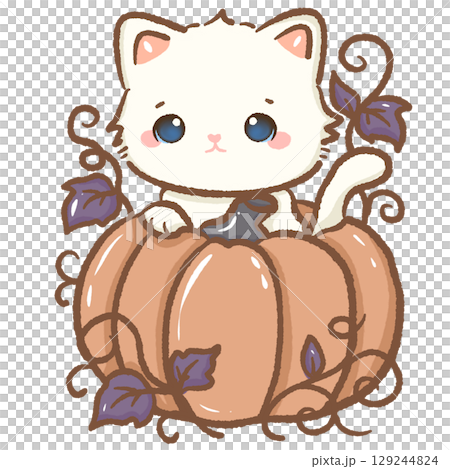 Cute white kitten inside autumn pumpkin with purple leaves and curly vines adorable fall season harvest theme kawaii cat illustration for Halloween Thanksgiving autumn decor and digital art Cute white kitten inside autumn pumpkin with purple leaves and curly vines adorable fall season harvest theme kawaii cat illustration for Halloween Thanksgiving autumn decor and digital art 129244824