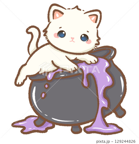 Cute white kitten playing on black cauldron with purple potion spilling over Halloween witch brew kawaii cat illustration magical fantasy autumn spooky season adorable character digital art 129244826