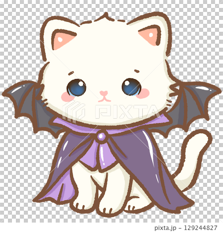 Cute white kitten wearing bat wing cape kawaii Halloween cat illustration adorable spooky costume gothic autumn magical fantasy seasonal character charming vampire style festive digital art 129244827