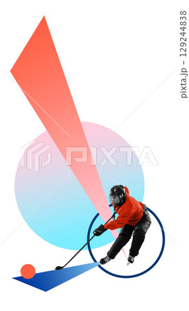 Creative collage of female ice hockey player in red jersey with stick and dynamic abstract shapes Creative collage of female ice hockey player in red jersey with stick and dynamic abstract shapes 129244838