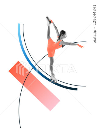 Contemporary collage of female figure skater balancing in arabesque pose on modern graphic background Contemporary collage of female figure skater balancing in arabesque pose on modern graphic background 129244841