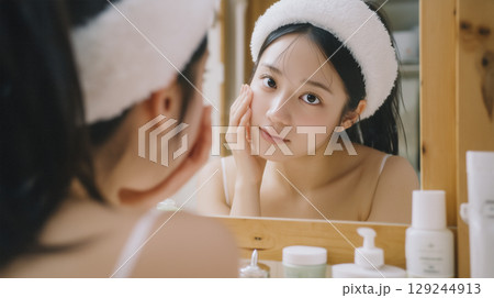 スキンケアをする若い女性 129244913