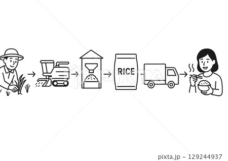 米の流通経路。田んぼから食卓までの米農業プロセス図解：栽培・加工・物流・消費のイラスト 129244937