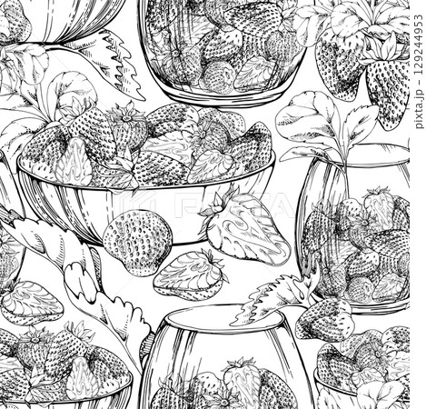Strawberry with leaves in glass bowls, hand drawn in vector ink, scattered ripe picked berry harvest. Isolated seamless pattern. Dessert cafe menu cookbook, textile, craft farmers market, gardening Strawberry with leaves in glass bowls, hand drawn in vector ink, scattered ripe picked berry harvest. Isolated seamless pattern. Dessert cafe menu cookbook, textile, craft farmers market, gardening 129244953
