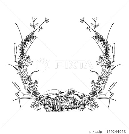 Golden chanterelle girolle mushroom fungi. Horsetail plant, berry branches twigs, pine needles, grass blades moss lichen growth. Forest woodland undergrowth wreath frame hand drawn in vector ink. Golden chanterelle girolle mushroom fungi. Horsetail plant, berry branches twigs, pine needles, grass blades moss lichen growth. Forest woodland undergrowth wreath frame hand drawn in vector ink. 129244968