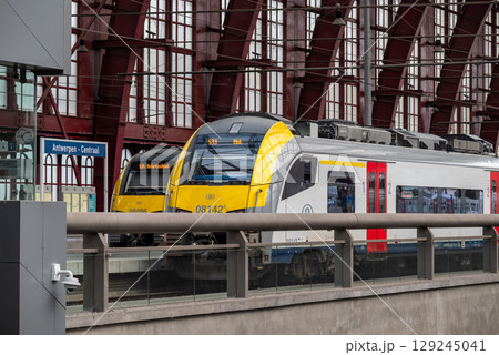 Locomotives at Antwerpen-Centraal railway station the main railway station in Antwerp, Belgium Locomotives at Antwerpen-Centraal railway station the main railway station in Antwerp, Belgium 129245041