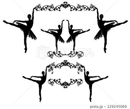 two slim ballerina girls with rose flowers frame border vector silhouette design set 129245069