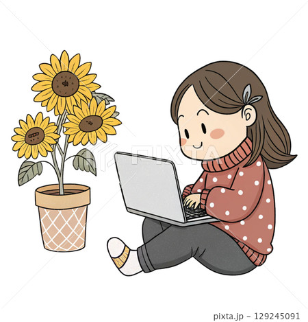 Cute Girl Holding Laptop Sunflowers  129245091