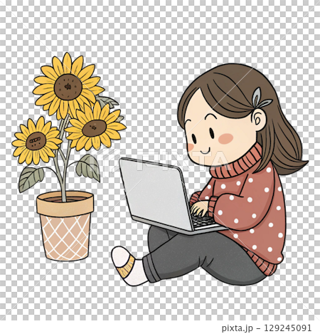 Cute Girl Holding Laptop Sunflowers  129245091