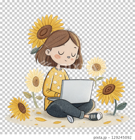 Cute Girl Holding Laptop Sunflowers  129245092