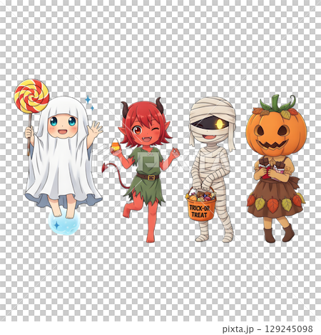 A cute child in a anime-style cartoon Halloween costume, happy for Halloween. Transparent background. A cute child in a anime-style cartoon Halloween costume, happy for Halloween. Transparent background. 129245098