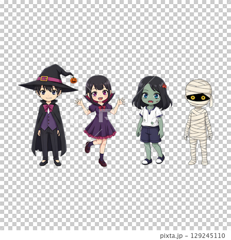 A cute child in a anime-style cartoon Halloween costume, happy for Halloween. Transparent background. 129245110