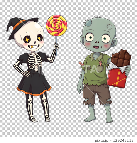 A cute child in a anime-style cartoon Halloween costume, happy for Halloween. Transparent background. 129245115