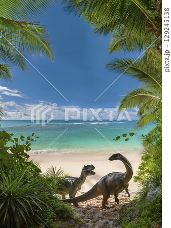 ジャングルの向こうに　綺麗な青い海と恐竜　コピースペース有り 129245138